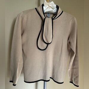 Women’s DESIGNERS ORIGINALS size M. Tan Tie-Neck Pullover w/ Black Trim
